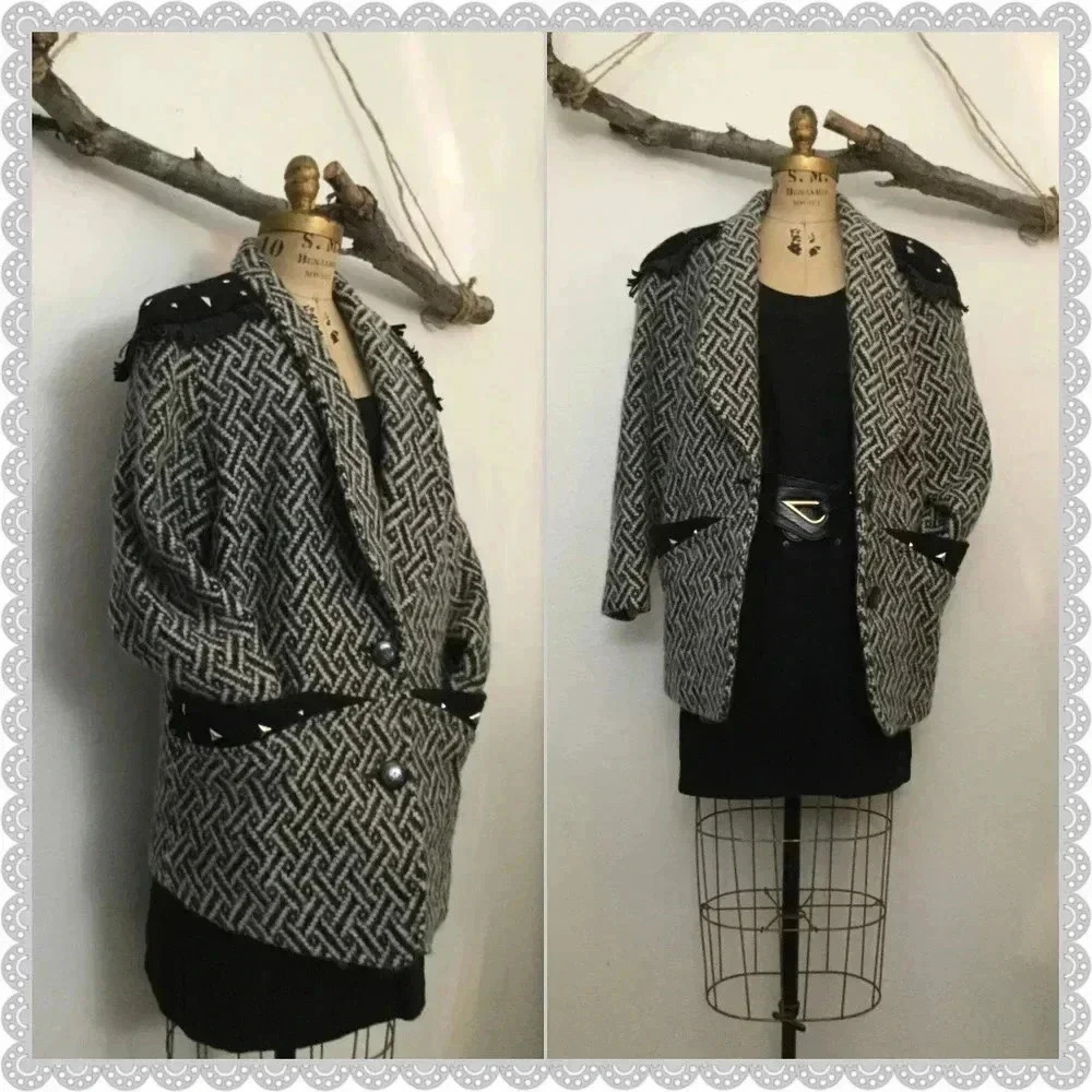 Vintage Black Grey Suede Tweed Western Boho Country Blazer Oversized Jacket